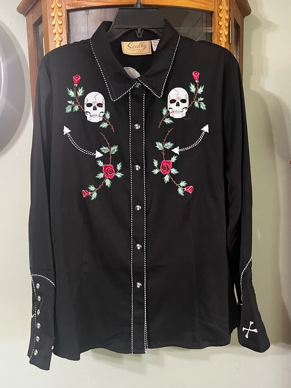 NWT Scully Skull Crossbones ROCKABILLY Roses Pearl Snap Shirt XXL